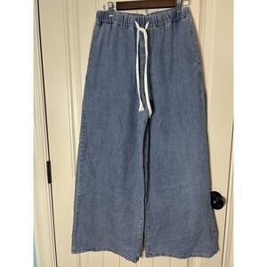 Miou Muse Women Wide Leg Drawstring Jeans Sz L Blue Denim Pull-on Boho Baggy